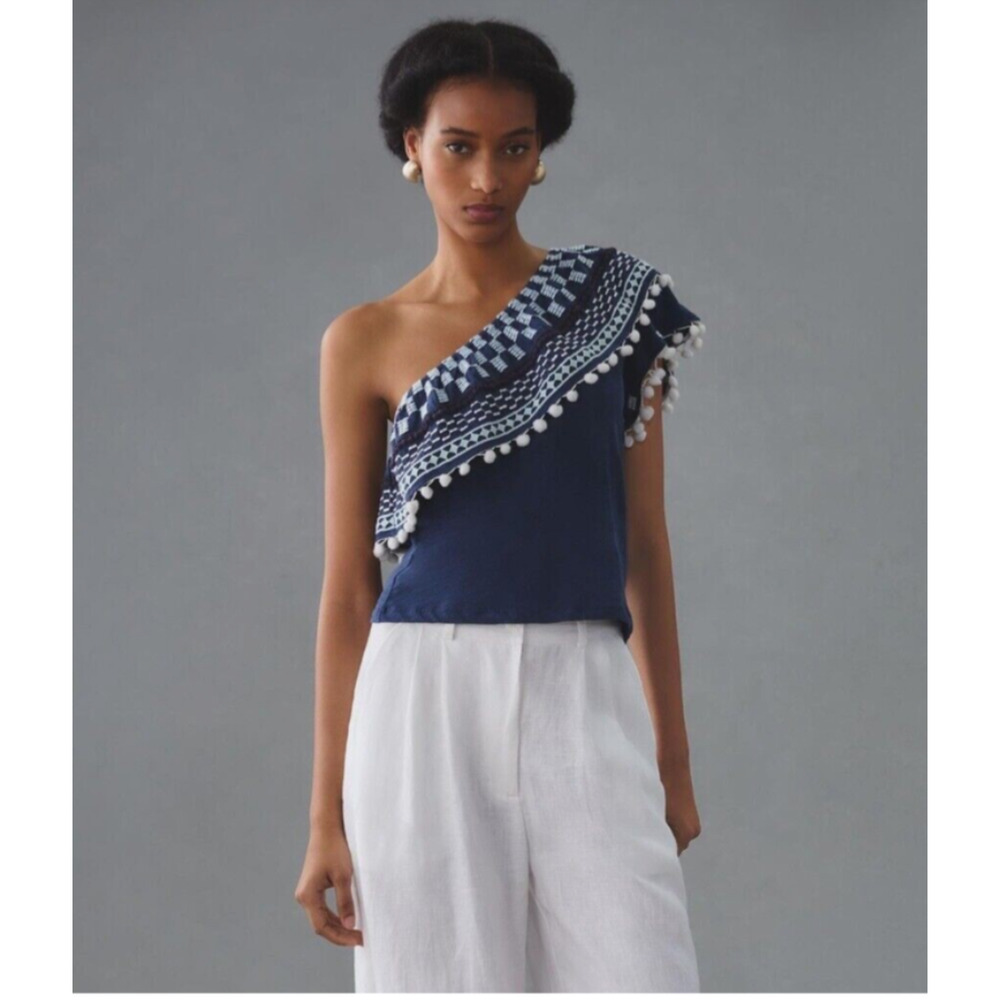 NWT Anthropologie Pom Tassel One Shoulder Blue Top Large L Boho $88 Blue A30 - Picture 1 of 8